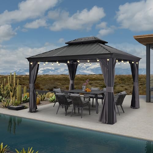 10' x 14' Permanent Hardtop Gazebo with Galvanized Steel Double Roof, Curtains and Netting Included M96664