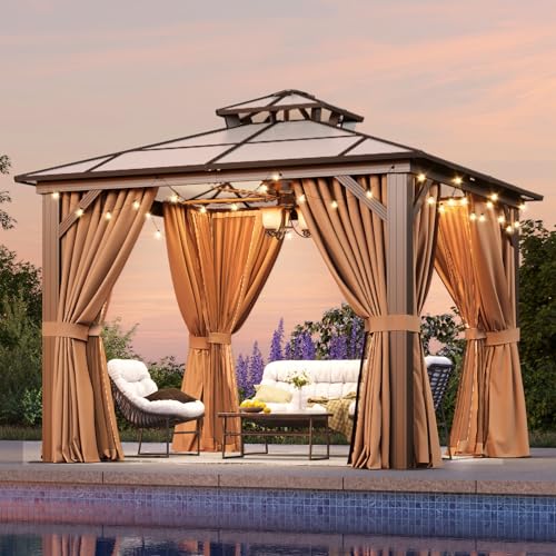12x16 Hardtop Gazebo with Netting and Curtains, Aluminum Frame, Polycarbonate Roof N71921