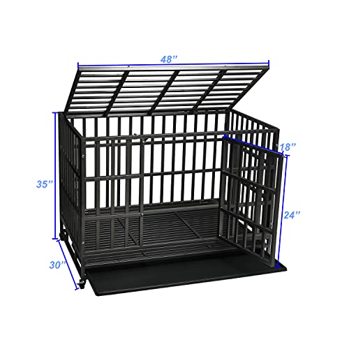 Heavy Duty Dog Kennel Crate with Metal Frame, Double Doors and Lockable Wheels, 48 Inch D891