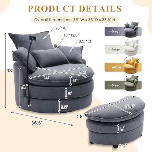 Swivel Accent Sofa Chair with Phone Holder & Storage Ottoman, Corduroy, Beige R7636