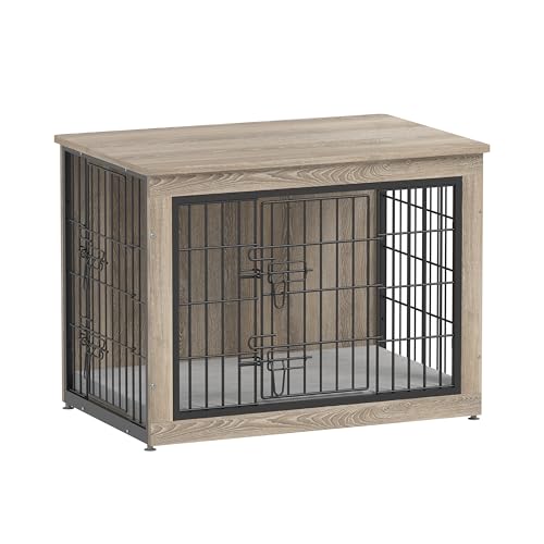 Dog Crate Furniture with Cushion, Heavy-Duty Metal Mesh, Wooden End Table with Double Doors, Indoor Kennel for Small Breed, Grey K856