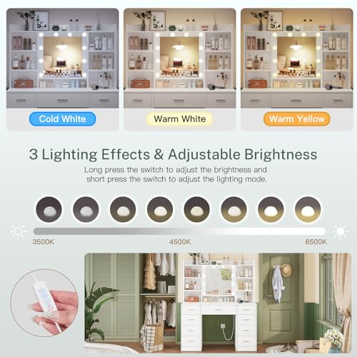 Vanity Desk with Mirror and Lights, 9 Drawers, 6 Open Shelves, Adjustable Brightness, White W8407