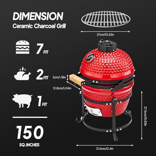 Red Spherical Ceramic Charcoal Grill, Portable BBQ Smoker for Outdoor Cooking U407