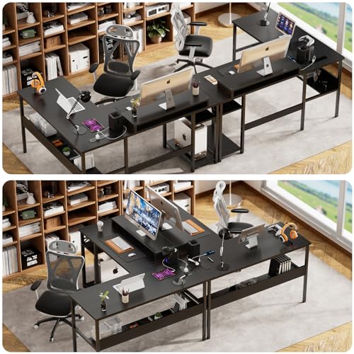 Reversible L Shaped Desk with Power Outlets and LED Light, Corner Computer Desk with Monitor Stand and Storage Shelves, Black D613
