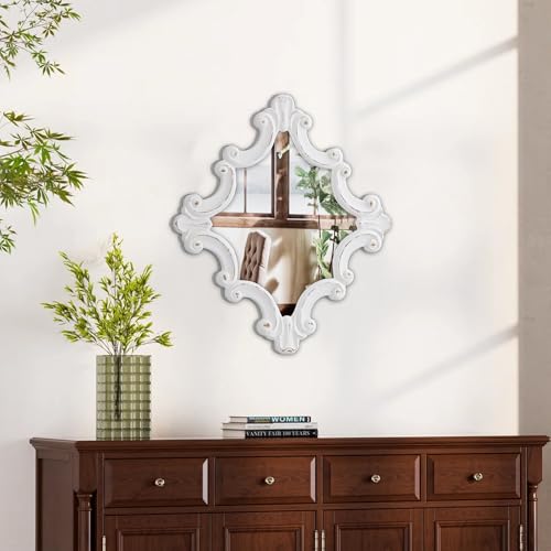 Vintage Mirrors for Wall 21x 24 Inch, Hanging Distressed White Carved Wood Farmhouse Entryway Mirror, French Country Rustic Rhombic Diamond Mirror for Bathroom, Horizontal or Vertical