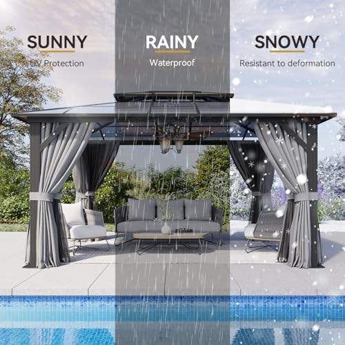 12x16 Hardtop Gazebo with Netting and Curtains, Aluminum Frame, Polycarbonate Roof N71921