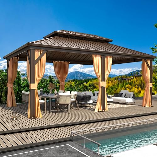 10'x13' Hardtop Gazebo with Polycarbonate Double Roof, Aluminum Frame, Curtains and Netting N263