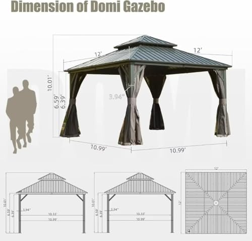 10 x 10 ft Hardtop Gazebo with Netting and Curtains, Galvanized Steel Roof for Patio and Garden X50618