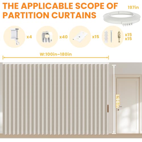 Accordion Room Divider Curtains with Ceiling Track, Grey, W100 x L84 J296
