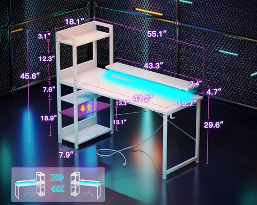 Reversible Gaming Desk with USB Charging Port and LED Lights, 40 Inch Computer Desk with Storage Shelves C134