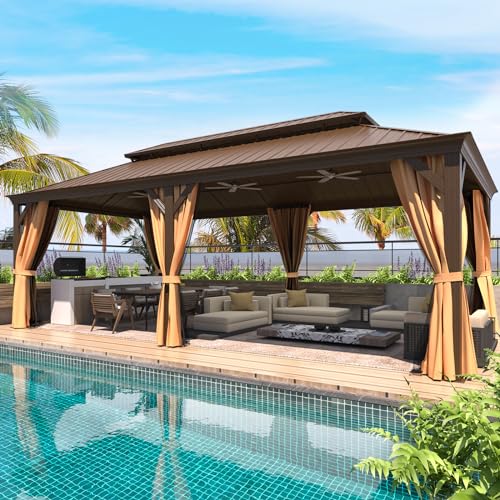 12x16 ft Hardtop Gazebo with Galvanized Steel Roof, Curtains and Netting V821