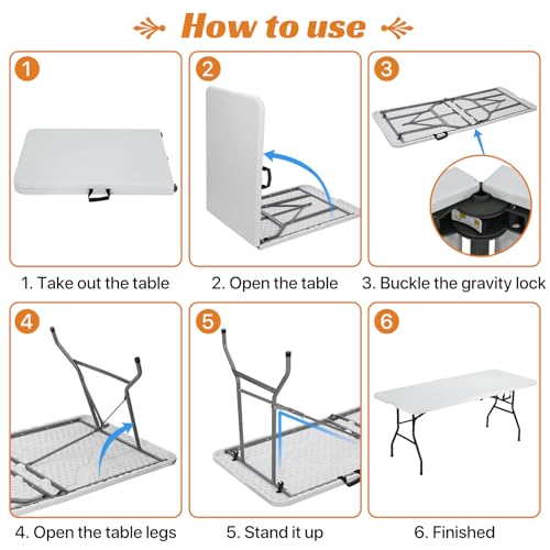 Folding Table 6 Foot Heavy Duty Plastic Portable Indoor Outdoor Utility X45759