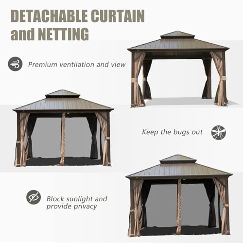 10 x 10 ft Hardtop Gazebo with Netting and Curtains, Galvanized Steel Roof for Patio and Garden X50618