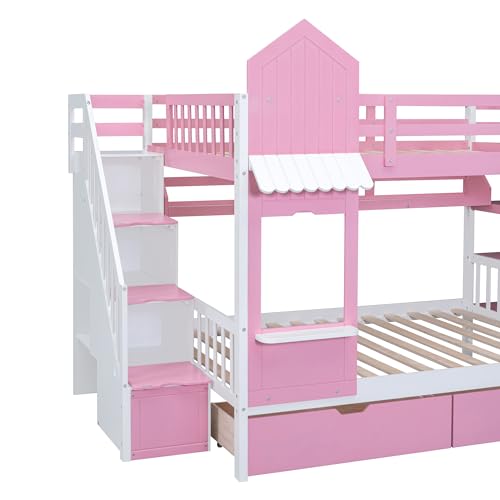 Kids Bunk Bed with Stairs and Slide, Twin Over Twin, Gray E77813