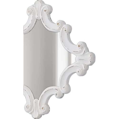 Distressed White Carved Wood Wall Mirror, 21x24 Inch, Farmhouse Style Y98281