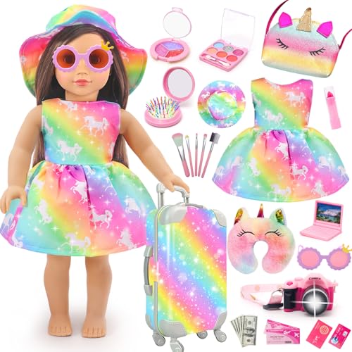 18 Inch Doll Travel Set with Suitcase, Dress, Camera, Phone, Neck Pillow & Sunglasses M666