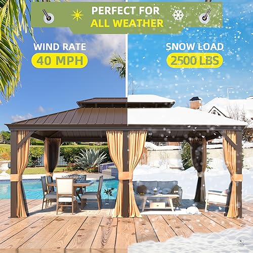 12x16 ft Hardtop Gazebo with Galvanized Steel Roof, Curtains and Netting V821