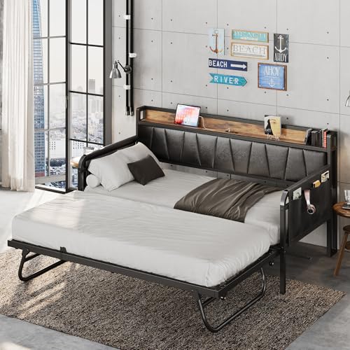 Daybed with Trundle and Storage Headboard, Twin Size, Grey M473750