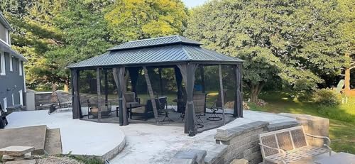 10 x 10 ft Hardtop Gazebo with Netting and Curtains, Galvanized Steel Roof for Patio and Garden X50618