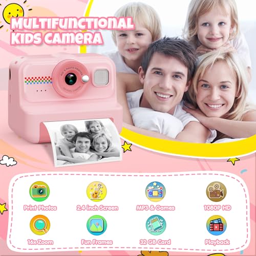Kids Instant Print Camera 1080P HD with 3 Rolls Paper & 32GB Card V473