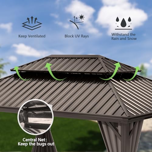 10 x 10 ft Hardtop Gazebo with Netting and Curtains, Galvanized Steel Roof for Patio and Garden X50618