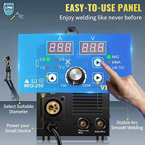 250Amp MIG Welder 3 in 1, 220V Flux Core/Gas/Solid Wire, Digital Multiprocess M104