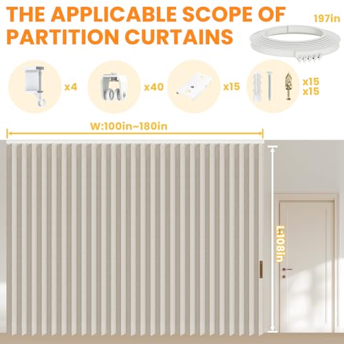 Accordion Room Divider Curtains with Ceiling Track, Grey, W100 x L84 J296