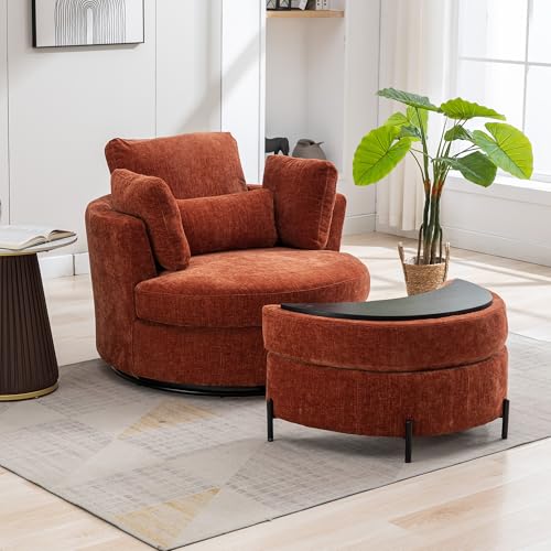 Oversized Swivel Barrel Chair with Ottoman, Chenille, Beige X252712