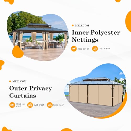 10'x13' Hardtop Gazebo with Polycarbonate Double Roof, Aluminum Frame, Curtains and Netting N263