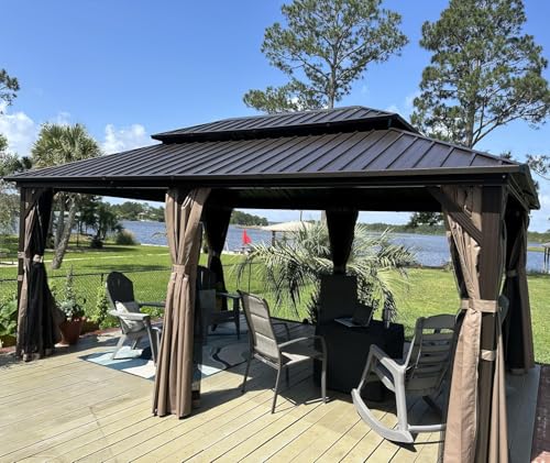 10 x 10 ft Hardtop Gazebo with Netting and Curtains, Galvanized Steel Roof for Patio and Garden X50618