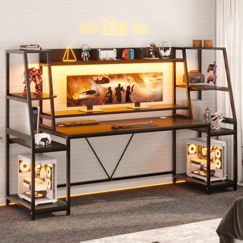Gaming Desk with LED Lights, Hutch and Storage Shelves, Black R364