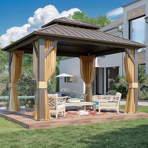 10'x13' Hardtop Gazebo with Polycarbonate Double Roof, Aluminum Frame, Curtains and Netting N263