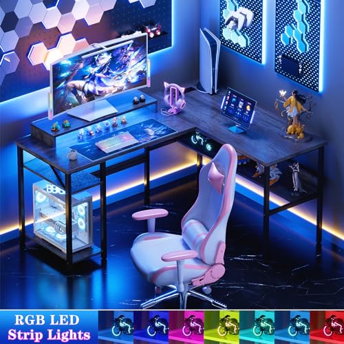 Reversible L Shaped Desk with Power Outlets and LED Light, Corner Computer Desk with Monitor Stand and Storage Shelves, Black D613