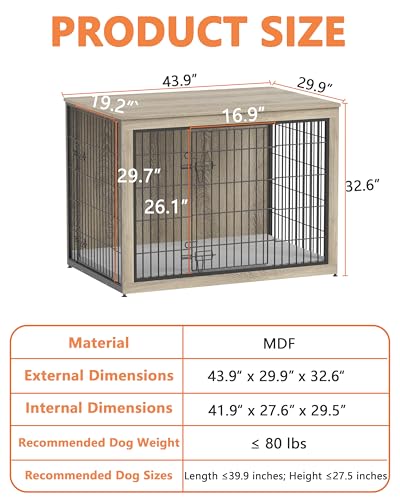 Dog Crate Furniture with Cushion, Heavy-Duty Metal Mesh, Wooden End Table with Double Doors, Indoor Kennel for Small Breed, Grey K856