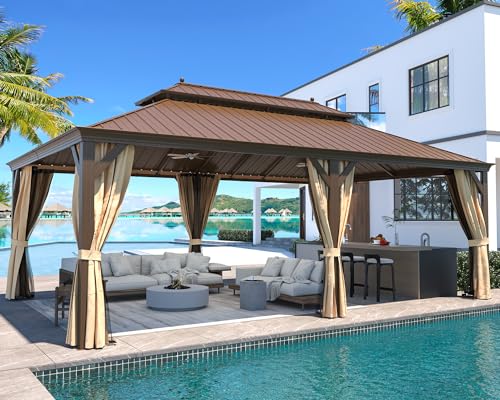 12x16 ft Hardtop Gazebo with Galvanized Steel Roof, Curtains and Netting V821