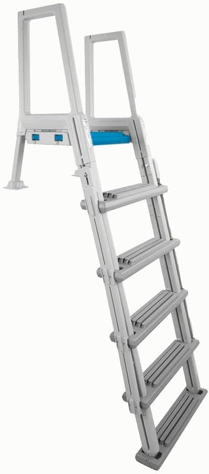 Above Ground Swimming Pool Step & Ladder, Heavy Duty, White Frame with Blue and Gray Steps, Deck Height Up to 60 Inches V291