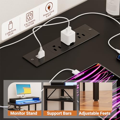 Reversible L Shaped Desk with Power Outlets and LED Light, Corner Computer Desk with Monitor Stand and Storage Shelves, Black D613