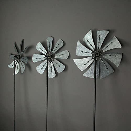 Set of 3 Galvanized Grey Windmill Garden Stakes, 41 Inches P5411