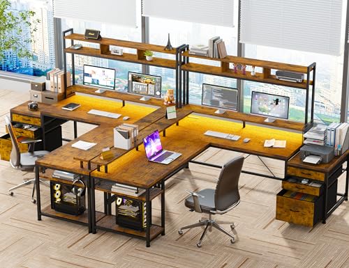 L Shaped Gaming Desk with Storage Shelves and LED Light U926701