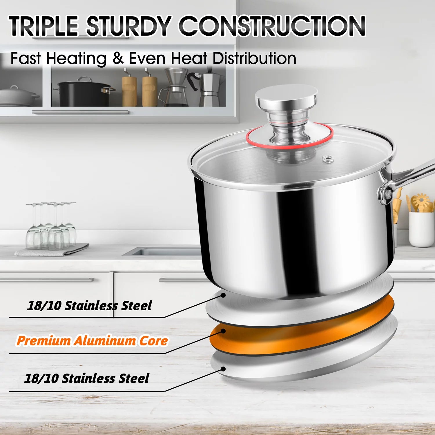 2 Quart Saucepan with Glass Lid, Tri-Ply Stainless Steel Milk Pan L51497