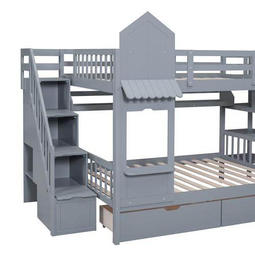 Kids Bunk Bed with Stairs and Slide, Twin Over Twin, Gray E77813