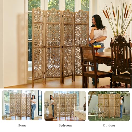 Wood Carved Room Divider 4 Panel Folding Screen Z937290