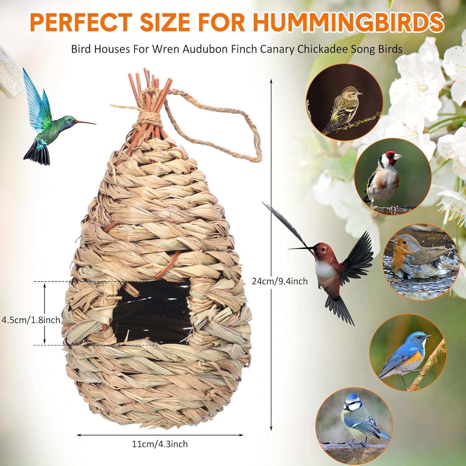Hummingbird Nest Houses for Outside Hanging, Hand Woven Natural Fiber, 8 Pack X9654