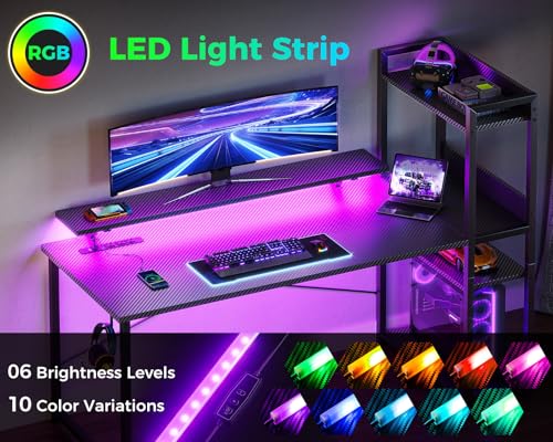 Reversible Gaming Desk with USB Charging Port and LED Lights, 40 Inch Computer Desk with Storage Shelves C134