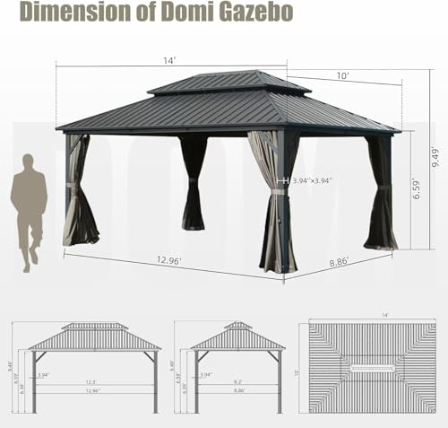10 x 10 ft Hardtop Gazebo with Netting and Curtains, Galvanized Steel Roof for Patio and Garden X50618