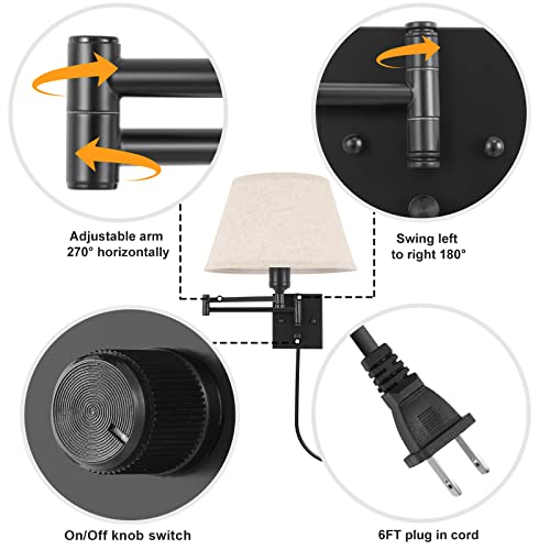 Wall Sconces Plug in, Remote Control Dimmable, Swing Arm Wall Lights with Fabric Shade, 2 Pack Z41784