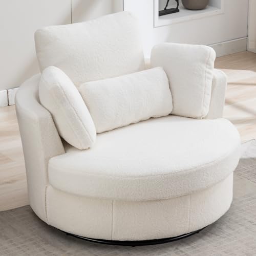 Oversized Swivel Barrel Chair with Ottoman, Chenille, Beige X252712