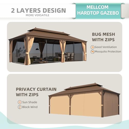 12x16 ft Hardtop Gazebo with Galvanized Steel Roof, Curtains and Netting V821