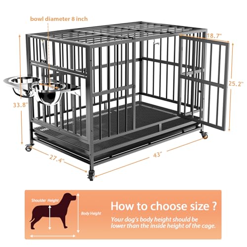 48" Heavy-Duty Dog Crate with Wheels and Dual Adjustable Bowls F169