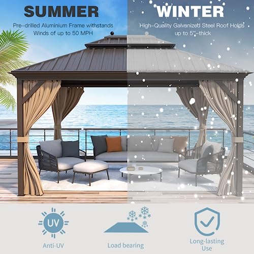 12x16 ft Hardtop Gazebo with Galvanized Steel Roof, Curtains and Netting V821